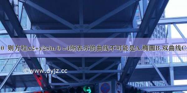 对任意实数θ 则方程x2+y2sinθ=4所表示的曲线不可能是A.椭圆B.双曲线C.抛物线D.圆