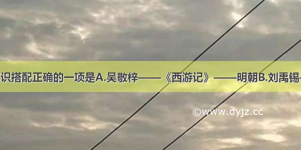 下列文学常识搭配正确的一项是A.吴敬梓——《西游记》——明朝B.刘禹锡——《陋室