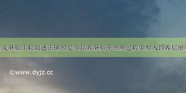 单选题下列有关胚胎工程叙述正确的是A.培养胚胎干细胞过程中加入饲养层细胞是为了促进