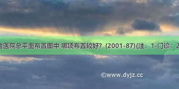 下列关于综合医院总平面布置图中 哪项布置较好？(2001-87)(注：1-门诊；2-病房；3-手