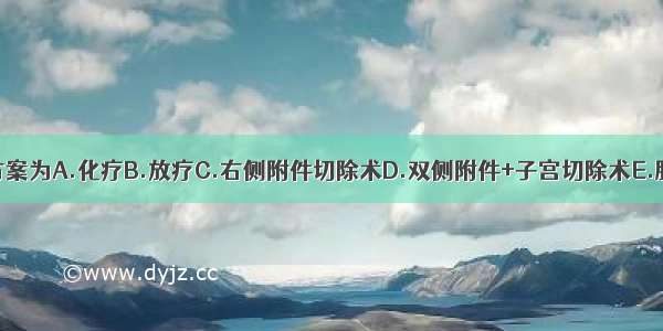 最合适的治疗方案为A.化疗B.放疗C.右侧附件切除术D.双侧附件+子宫切除术E.肿瘤细胞减灭术