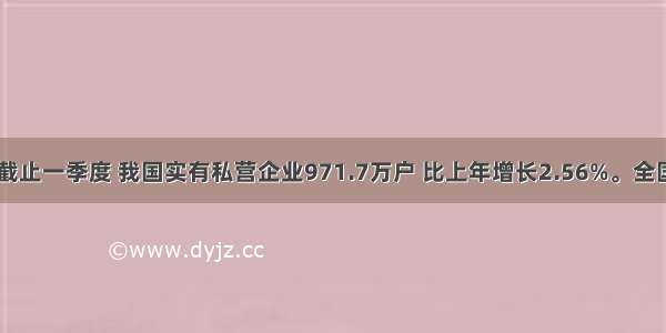 据统计 截止一季度 我国实有私营企业971.7万户 比上年增长2.56%。全国实有个