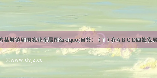 “我国北方某城镇周围农业布局图”回答：（1）在A B C D四处发展棉花 水果 蔬菜