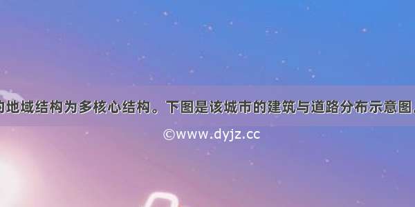 某城市内部的地域结构为多核心结构。下图是该城市的建筑与道路分布示意图。读图回答问